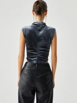 Discount Velvet Draped Mock Neck Sleeveless Crop Top Crop Tops|T-shirts