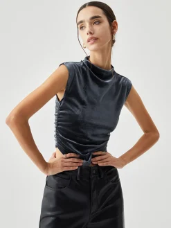 Discount Velvet Draped Mock Neck Sleeveless Crop Top Crop Tops|T-shirts