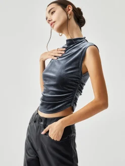 Discount Velvet Draped Mock Neck Sleeveless Crop Top Crop Tops|T-shirts
