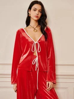 Sale Velvet Lace Up Draped Pants Set Pants Sets|Long Sleeve Sets