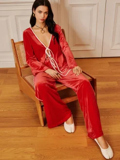 Sale Velvet Lace Up Draped Pants Set Pants Sets|Long Sleeve Sets