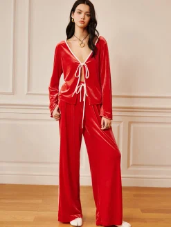 Sale Velvet Lace Up Draped Pants Set Pants Sets|Long Sleeve Sets