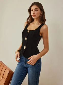 Hot Velvet Metal-Button Vest Outerwear|Vests