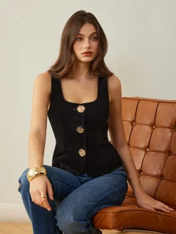 Hot Velvet Metal-Button Vest Outerwear|Vests
