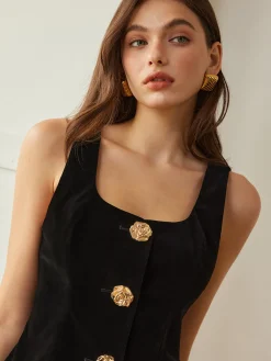 Hot Velvet Metal-Button Vest Outerwear|Vests