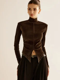 Online Velvet Mock-Neck Slit T-Shirt T-shirts|Tops