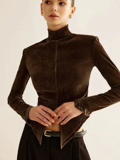 Online Velvet Mock-Neck Slit T-Shirt T-shirts|Tops