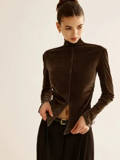 Online Velvet Mock-Neck Slit T-Shirt T-shirts|Tops