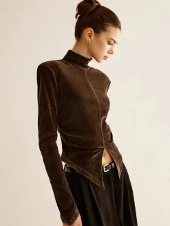 Online Velvet Mock-Neck Slit T-Shirt T-shirts|Tops