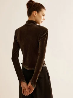 Online Velvet Mock-Neck Slit T-Shirt T-shirts|Tops