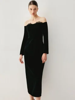 Best Velvet Off-shoulder Patchwork Slit Midi Dress Black Dresses|Cocktail & Party Dresses