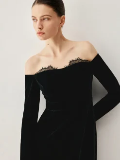 Best Velvet Off-shoulder Patchwork Slit Midi Dress Black Dresses|Cocktail & Party Dresses
