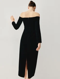 Best Velvet Off-shoulder Patchwork Slit Midi Dress Black Dresses|Cocktail & Party Dresses