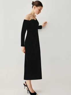 Best Velvet Off-shoulder Patchwork Slit Midi Dress Black Dresses|Cocktail & Party Dresses