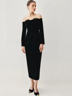 Best Velvet Off-shoulder Patchwork Slit Midi Dress Black Dresses|Cocktail & Party Dresses