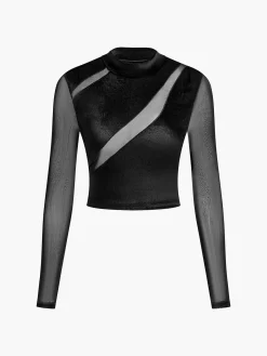 New Velvet Panel Sheer Crop Blouse Crop Tops|Blouses & Shirts