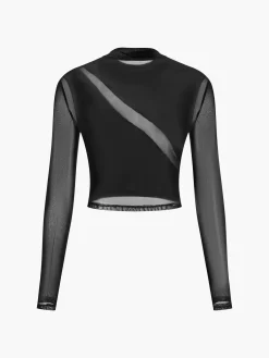 New Velvet Panel Sheer Crop Blouse Crop Tops|Blouses & Shirts