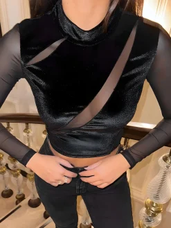 New Velvet Panel Sheer Crop Blouse Crop Tops|Blouses & Shirts
