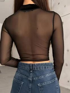 New Velvet Panel Sheer Crop Blouse Crop Tops|Blouses & Shirts