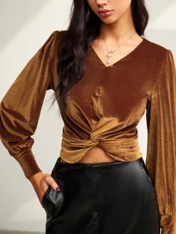 Clearance Velvet Pleated Slim Blouse Blouses & Shirts|Tops
