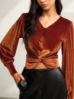 Sale Velvet Pleated Slim Blouse Blouses & Shirts|Tops