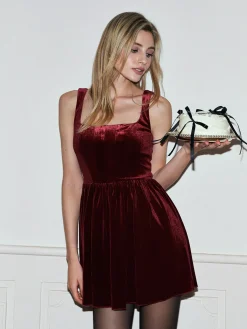 Hot Velvet  Pleated Strappy Short Dress Cocktail & Party Dresses|Short Dresses