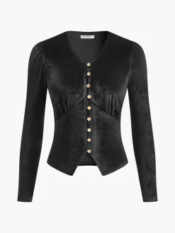 Outlet Velvet Split Button Top T-shirts|Tops
