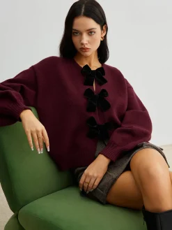 Velvet-Bow Lantern Sleeve Sweater Sweater Tops|Sweaters & Cardigans