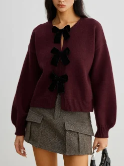 Velvet-Bow Lantern Sleeve Sweater Sweater Tops|Sweaters & Cardigans