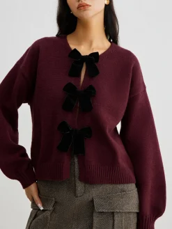 Velvet-Bow Lantern Sleeve Sweater Sweater Tops|Sweaters & Cardigans