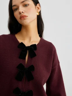 Velvet-Bow Lantern Sleeve Sweater Sweater Tops|Sweaters & Cardigans