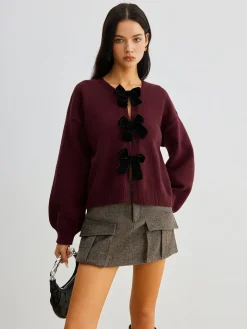 Velvet-Bow Lantern Sleeve Sweater Sweater Tops|Sweaters & Cardigans