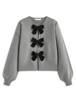 Velvet-Bow Lantern Sleeve Sweater Sweater Tops|Sweaters & Cardigans
