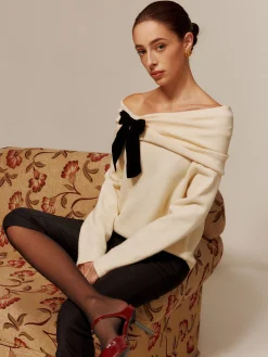 Clearance Velvet-Bow Off-Shoulder Ruched Sweater Sweater Tops|Sweaters & Cardigans
