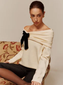 Clearance Velvet-Bow Off-Shoulder Ruched Sweater Sweater Tops|Sweaters & Cardigans