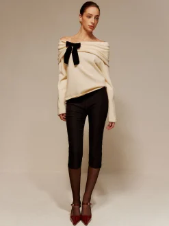 Sale Velvet-Bow Off-Shoulder Ruched Sweater Sweater Tops|Sweaters & Cardigans