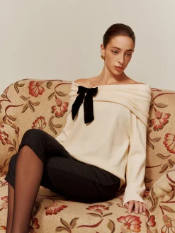 Sale Velvet-Bow Off-Shoulder Ruched Sweater Sweater Tops|Sweaters & Cardigans