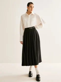 Online Versatile Buckle-Belt Pleated Skirt Bottoms