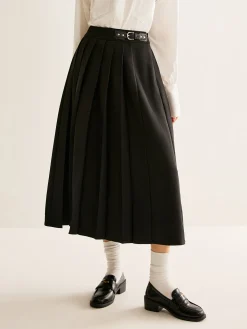 Online Versatile Buckle-Belt Pleated Skirt Bottoms