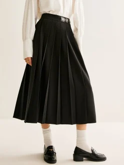 Online Versatile Buckle-Belt Pleated Skirt Bottoms