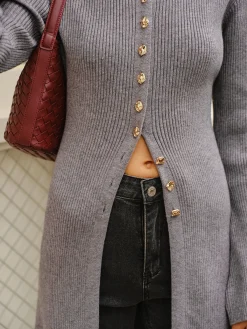 Versatile Metal Breasted Sweater Dress Sweater Dresses|Work Dresses