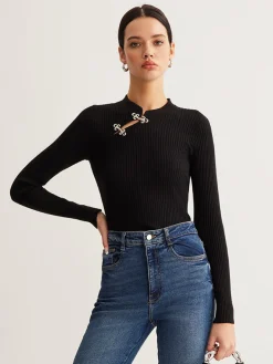 New Versatile Metal Decor Knit Top Sweater Tops|Sweaters & Cardigans