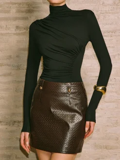 Sale Versatile Mock Neck Pleated Slim Blouse Tops