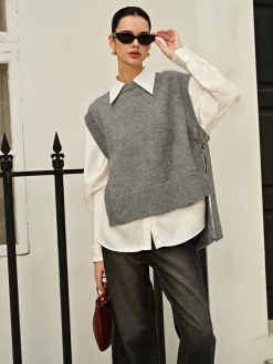 Best Versatile Side Buckle Belt Sweater Vest Sweater Vests|Sweaters & Cardigans