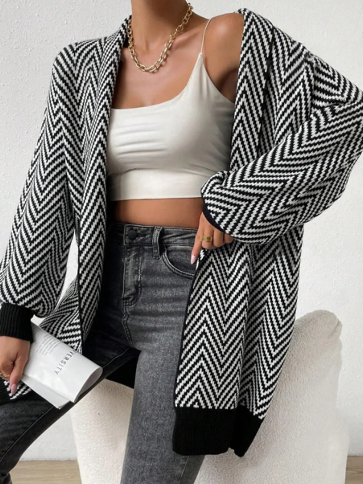Hot Vintage Chevron Knit Outerwear Sweater Tops|Outerwear