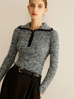 Best Vintage Contrast Trim Zipper Knit Top Sweater Tops|Sweaters & Cardigans