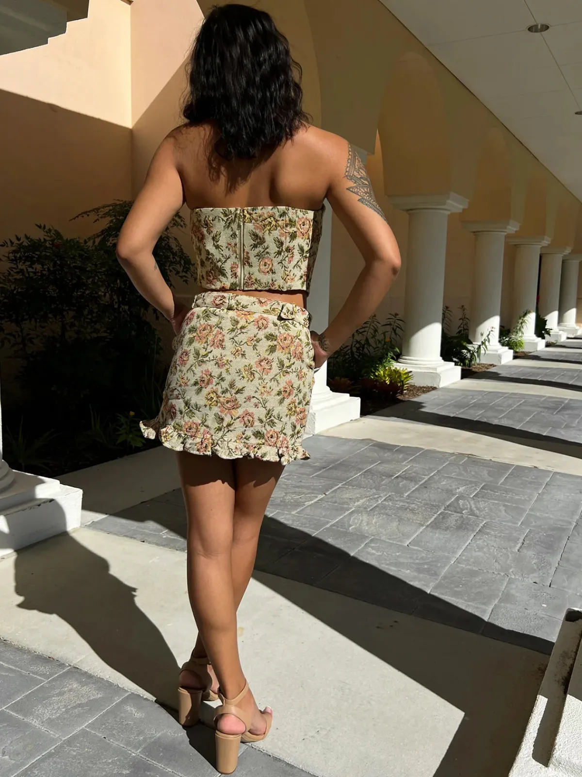 New Vintage Floral Belted Skirt Set Skirt Sets|Long Sleeve Sets