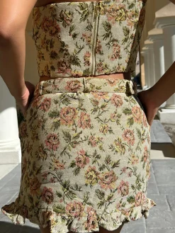 New Vintage Floral Belted Skirt Set Skirt Sets|Long Sleeve Sets