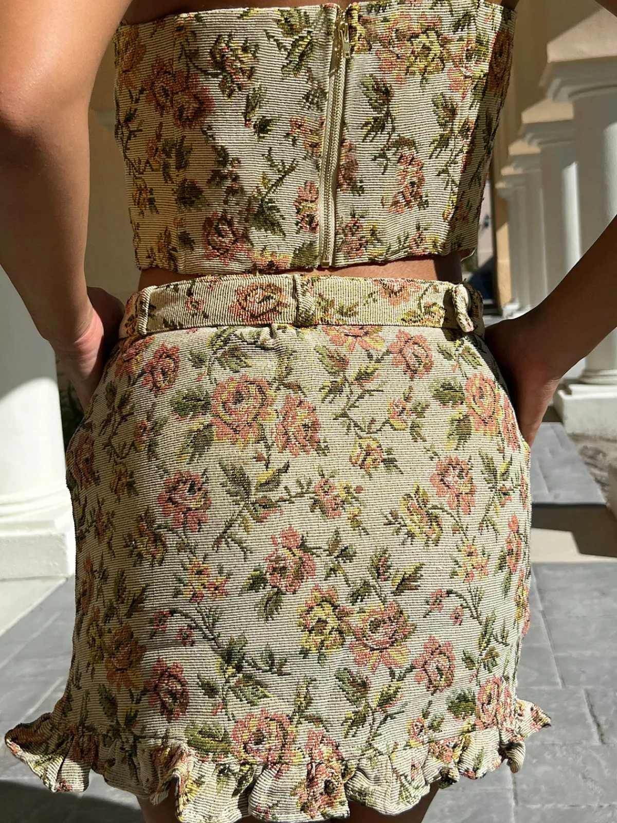 New Vintage Floral Belted Skirt Set Skirt Sets|Long Sleeve Sets