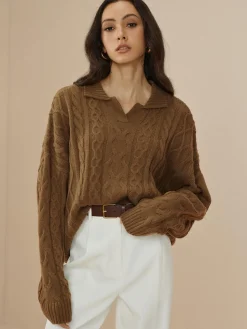 Hot Vintage Lapel Cable Pullover Sweater Sweater Tops|Sweaters & Cardigans